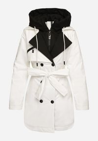 Born2be - Biała Kurtka Płaszcz z Kapturem Dwurzędowa z Paskiem w Talii Eriviana. Okazja: na co dzień. Typ kołnierza: kaptur. Kolor: biały. Materiał: jeans. Styl: klasyczny, casual, elegancki #3
