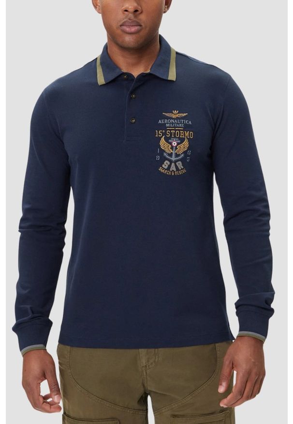 Aeronautica Militare - AERONAUTICA MILITARE Granatowy bawełniany męski longsleeve polo, Rozmiar L. Okazja: na co dzień. Typ kołnierza: polo. Kolor: niebieski. Materiał: bawełna. Długość rękawa: długi rękaw. Styl: casual, klasyczny, sportowy