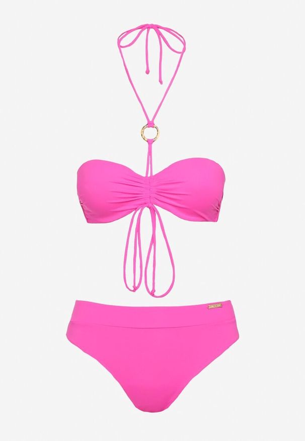 Renee - Fuksjowe Bikini Figi i Usztywniany Biustonosz z Regulowanymi Ramiączkami Ozdobiony Sznurkiem Rosbia. Kolor: różowy. Wzór: aplikacja