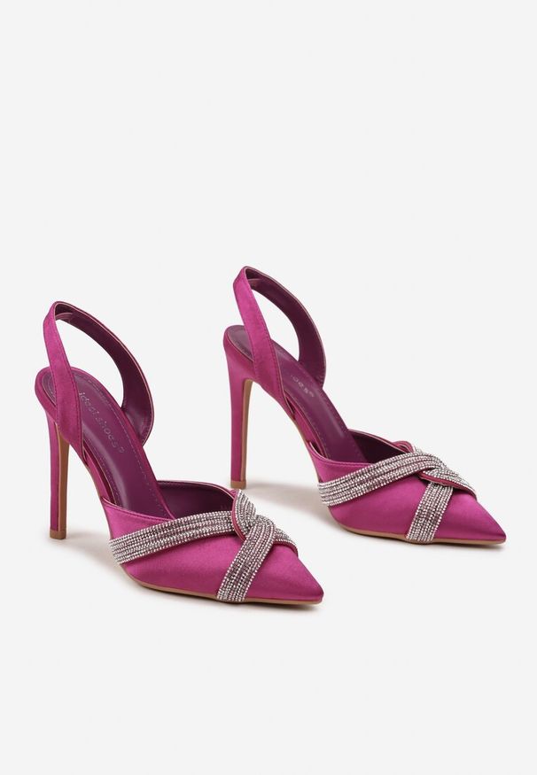 Born2be - Fioletowe Sandały na Szpilce z Paskami z Cyrkoniami Crossia. Zapięcie: pasek. Kolor: fioletowy. Wzór: aplikacja. Obcas: na szpilce