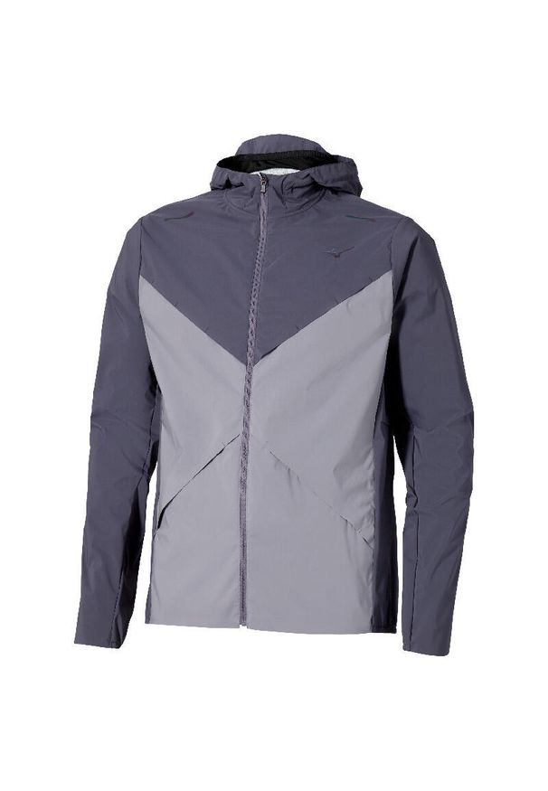 Kurtka wodoodporna z kapturem Mizuno Thermal Charge. Typ kołnierza: kaptur. Kolor: szary. Sport: bieganie