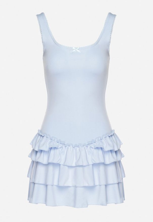 Born2be - Niebieska Sukienka z Wiskozą Ozdobiona Falbankami Ovinia. Okazja: na co dzień. Typ kołnierza: kołnierz z falbankami. Kolor: niebieski. Materiał: wiskoza. Długość rękawa: na ramiączkach. Wzór: aplikacja. Styl: casual