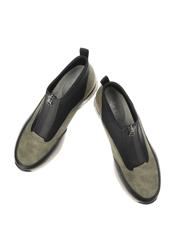 Zielone Botki Rieker Stylowe Obuwie Damskie Na Koturnie. Okazja: na co dzień. Zapięcie: zamek. Kolor: zielony. Materiał: materiał. Obcas: na koturnie. Styl: elegancki