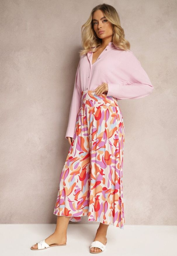 Renee - Beżowo-Różowe Spodnie Kuloty z Wiskozy High Waist z Gumką w Pasie Alaqinta. Okazja: na co dzień. Stan: podwyższony. Kolor: beżowy. Materiał: wiskoza. Styl: elegancki, casual