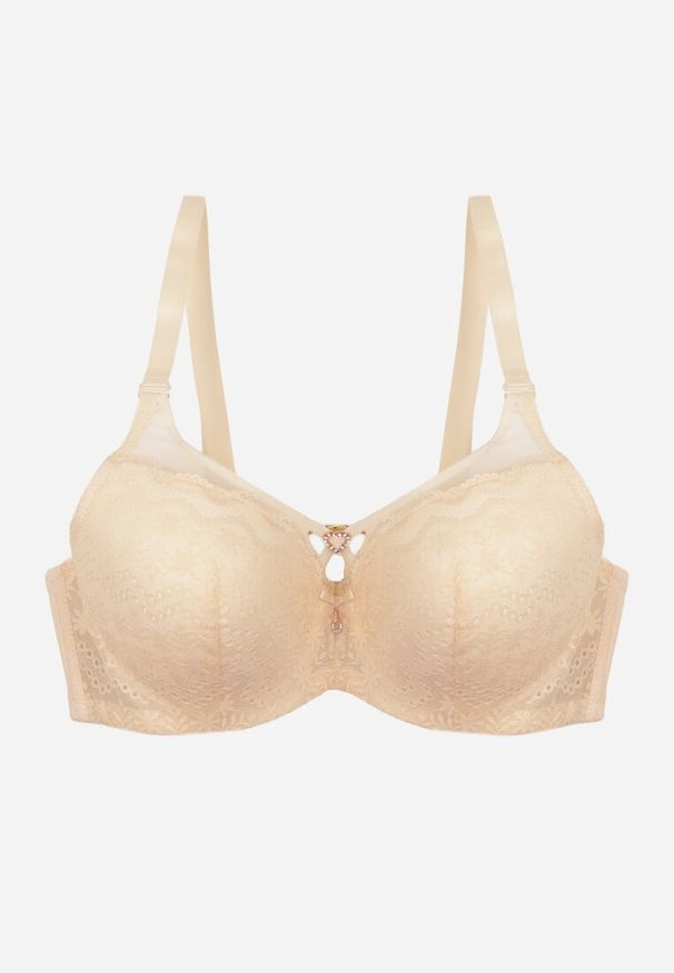 Born2be - Jasnobeżowy Koronkowy Biustonosz Ozdobiony Cyrkoniowym Sercem Galirope. Kolor: beżowy. Materiał: koronka. Wzór: aplikacja