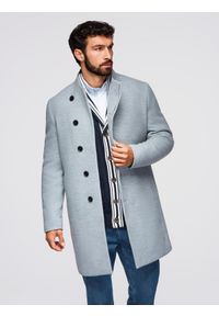 Ombre Clothing - Płaszcz męski z wysokim kołnierzem i asymetrycznym zapięciem – szary melanż V1 - Rozmiar: L. Okazja: na co dzień. Kolor: szary. Materiał: syntetyk, wiskoza, poliester, materiał. Wzór: melanż. Styl: wizytowy, casual, elegancki