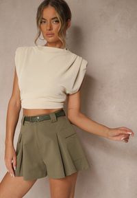 Renee - Zielone Szorty High Waist z Kieszeniami Typu Cargo Aloviane. Okazja: na spacer. Stan: podwyższony. Kolor: zielony. Wzór: aplikacja. Sezon: lato. Styl: elegancki