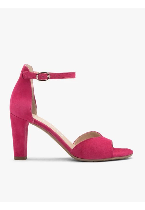 Ryłko - Fuksjowe sandały damskie na słupku. Zapięcie: sprzączka. Kolor: różowy. Materiał: skóra, welur. Obcas: na słupku. Styl: street, elegancki. Wysokość obcasa: średni