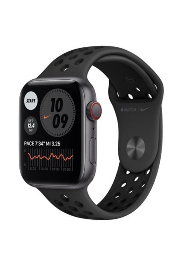 APPLE Watch SE Nike Cellular 44mm (Gwiezdna szarość z opaską sportową w kolorze czarnym). Rodzaj zegarka: smartwatch. Kolor: czarny. Materiał: nylon. Styl: sportowy