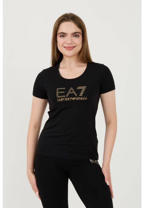 EA7 Emporio Armani - EA7 Czarny damski t-shirt z cyrkoniami, Rozmiar M. Kolor: czarny