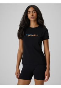 4f - 4F T-shirt slim z nadrukiem damski - czarny XS. Okazja: na co dzień. Kolor: czarny. Materiał: jeans, materiał, bawełna. Wzór: nadruk. Styl: casual #1