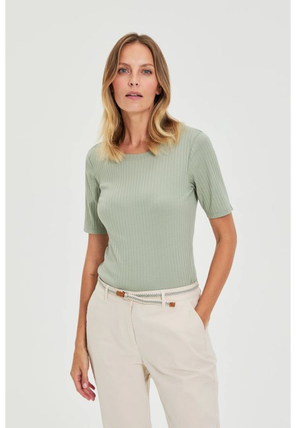 MOODO - Bluzka z prążkowanego materiału oliwkowa. Kolor: oliwkowy. Materiał: prążkowany, materiał