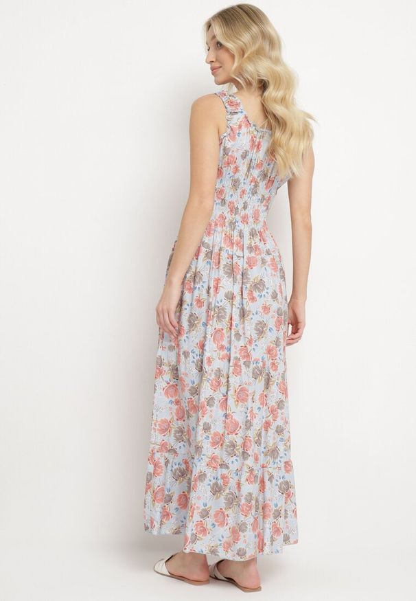 Born2be - Jasnoniebieska Rozkloszowana Sukienka Bawełniana w Kwiatowy Print z Guzikami Jamallia. Okazja: na co dzień. Kolor: niebieski. Materiał: bawełna. Wzór: kwiaty, nadruk. Typ sukienki: proste. Styl: klasyczny, casual