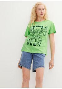 bonprix - T-shirt bawełniany z nadrukiem z przodu, z bawełny organicznej. Kolor: zielony. Materiał: bawełna. Wzór: nadruk