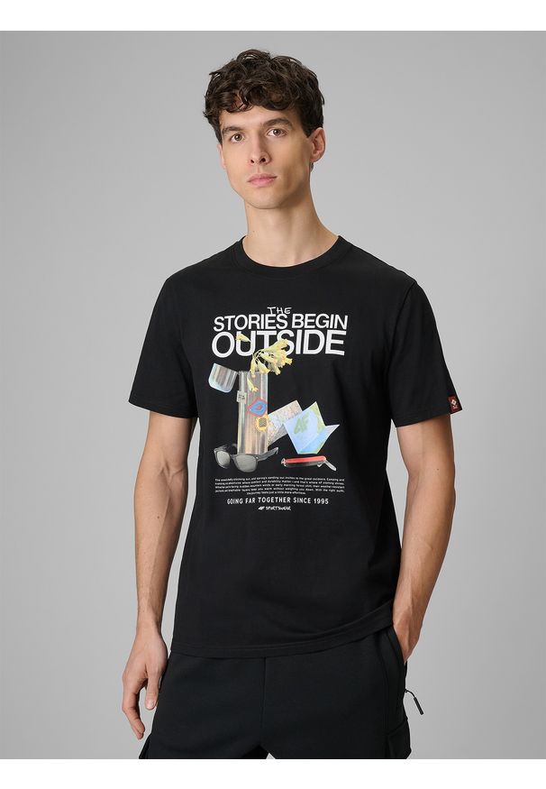 4f - 4F T-shirt regular z nadrukiem męski - czarny L. Okazja: na co dzień. Kolor: czarny. Materiał: dzianina, bawełna, materiał. Wzór: nadruk. Styl: casual, klasyczny