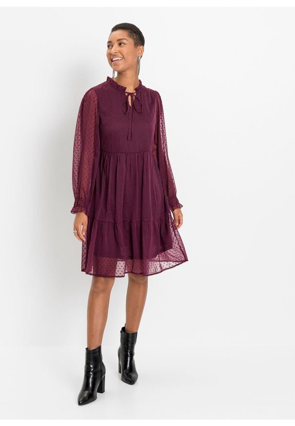 bonprix - Sukienka mini. Kolor: czerwony, brązowy. Materiał: szyfon. Długość: mini