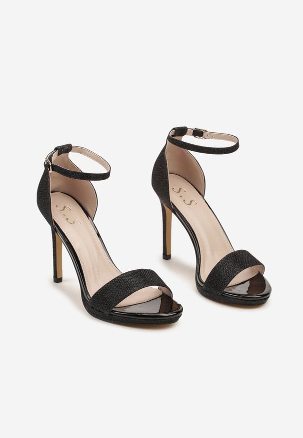 Renee - Czarne Brokatowe Sandały na Szpilce Zapinane Wokół Kostki Mlinaya. Okazja: na co dzień. Kolor: czarny. Materiał: len. Obcas: na szpilce. Styl: casual, elegancki