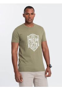 Ombre Clothing - T-shirt męski z nadrukiem w stylu motocyklowym – oliwkowy V2. Okazja: na co dzień. Kolor: oliwkowy. Materiał: materiał, bawełna. Wzór: nadruk. Styl: klasyczny, casual, elegancki
