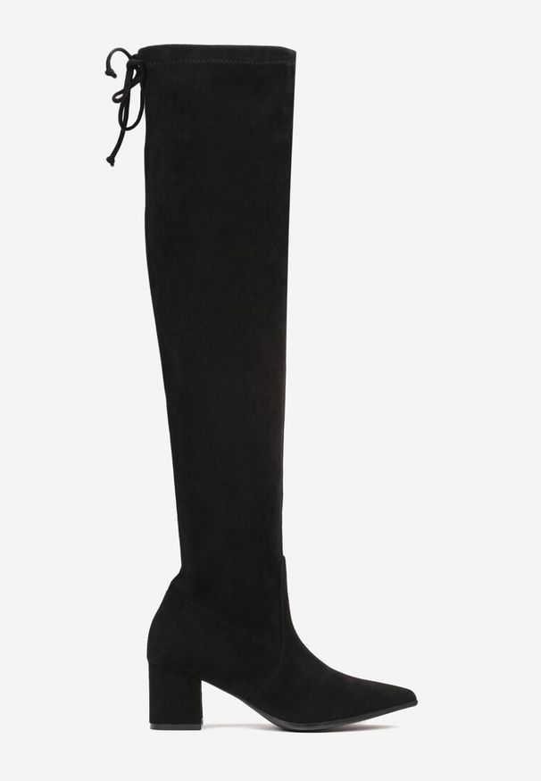 Born2be - Czarne Kozaki na Słupku za Kolano z Cholewką Ściąganą Troczkiem Kifarela. Wysokość cholewki: za kolano. Zapięcie: zamek. Kolor: czarny. Szerokość cholewki: normalna. Obcas: na słupku. Wysokość obcasa: średni