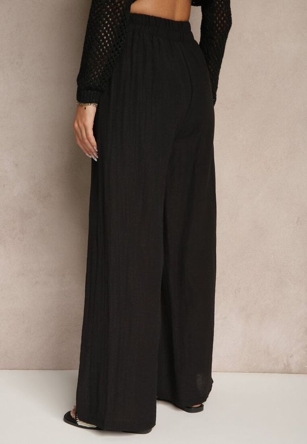 Renee - Czarne Wiskozowe Spodnie Palazzo High Waist z Lnem Linaselia. Okazja: na co dzień. Stan: podwyższony. Kolor: czarny. Materiał: wiskoza, len. Styl: elegancki, casual