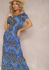 Renee - Niebiesko-Granatowa Sukienka Hiszpanka Boho z Bawełny z Gumką w Talii Lovedia. Typ kołnierza: dekolt hiszpanka. Kolor: niebieski. Materiał: bawełna. Styl: boho #3