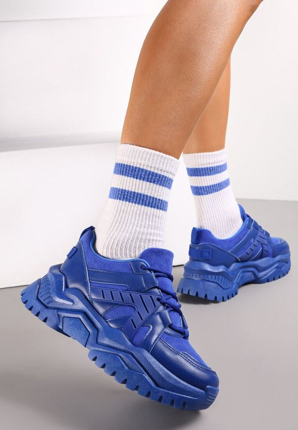 Renee - Niebieskie Sneakersy Sznurowane na Grubej Podeszwie Releta. Kolor: niebieski. Materiał: dresówka, jeans