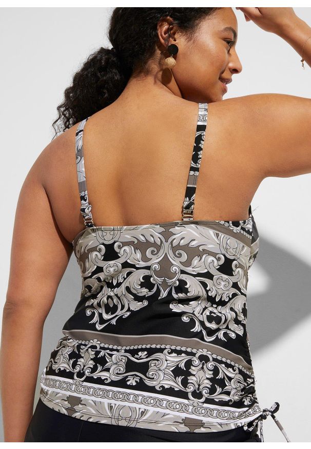 bonprix - Top plażowy tankini. Okazja: na plażę. Kolor: czarny. Materiał: poliamid. Długość rękawa: na ramiączkach. Wzór: nadruk, aplikacja