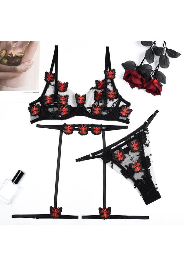 Intica - Komplet bielizny z haftem w kształcie motyli koronkowy Latika. Kolor: czarny. Materiał: koronka. Wzór: haft