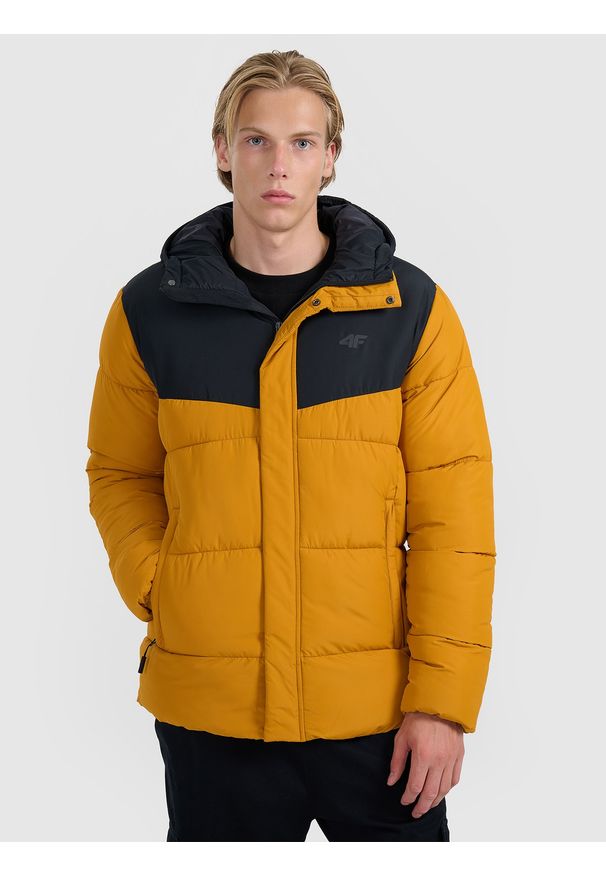 4f - 4F Kurtka puchowa z wypełnieniem syntetycznym męska - żółta M. Okazja: na co dzień. Typ kołnierza: kaptur. Kolor: żółty. Materiał: puch, syntetyk. Wzór: gładki. Sezon: zima. Styl: casual, klasyczny