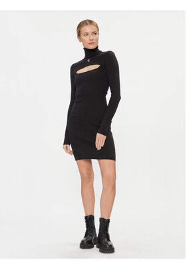 Calvin Klein Jeans Sukienka dzianinowa 2 In 1 Tight Ls Sweater Dress J20J222515 Czarny Slim Fit. Kolor: czarny. Materiał: bawełna