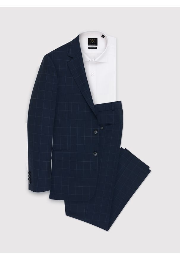 Pako Lorente - PAKO LORENTE – Granatowe spodnie garniturowe w delikatną kratę. Kolor: niebieski. Materiał: wełna, elastan