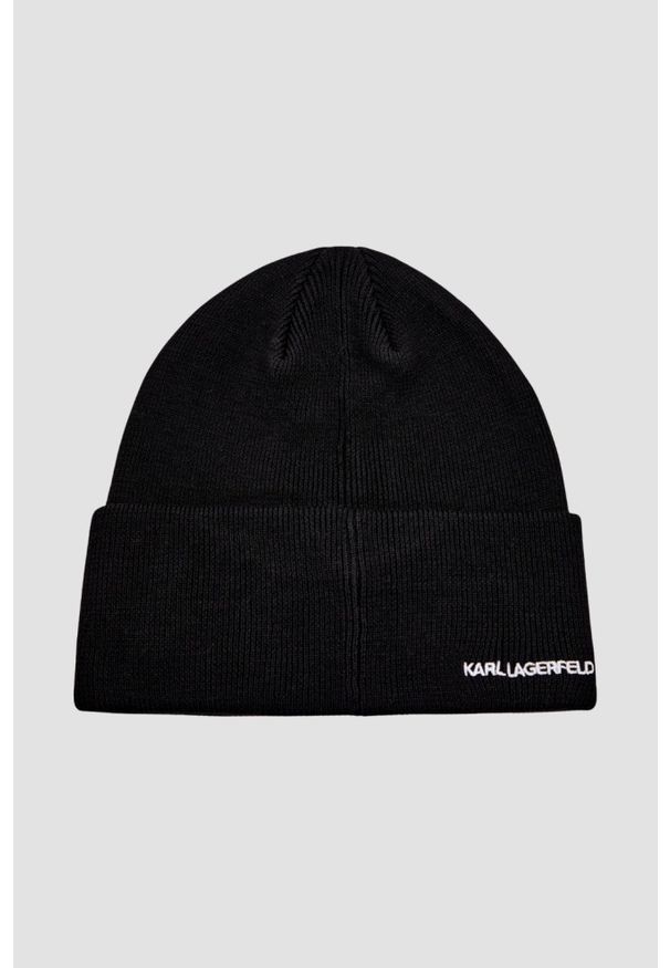 Karl Lagerfeld - KARL LAGERFELD Czapka zimowa Ikon. Kolor: czarny. Materiał: dzianina, wełna. Wzór: aplikacja. Sezon: zima. Styl: casual, elegancki