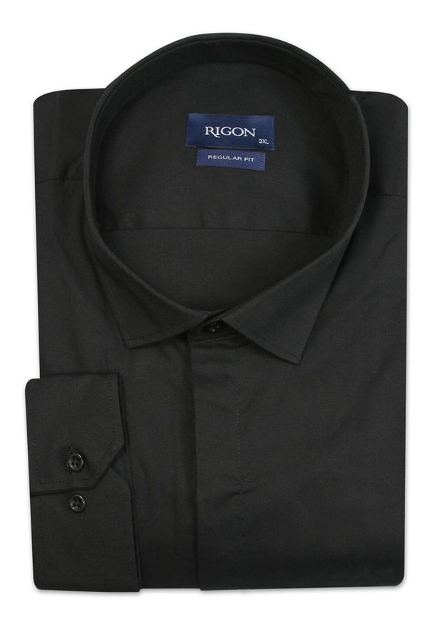 Rigon - Koszula Męska, Czarna z Plisą, Długi Rękaw, Krój Prosty, Regular -RIGON. Okazja: do pracy, na spotkanie biznesowe. Kolor: czarny. Materiał: bawełna, elastan. Długość rękawa: długi rękaw. Długość: długie. Styl: wizytowy, klasyczny, elegancki, biznesowy