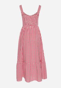 Born2be - Czerwona Sukienka w Drobną Kratkę Ozdobiona Guzikami Lenimme. Okazja: na co dzień. Kolor: czerwony. Długość rękawa: na ramiączkach. Wzór: kratka, aplikacja. Styl: casual, vintage, elegancki #5