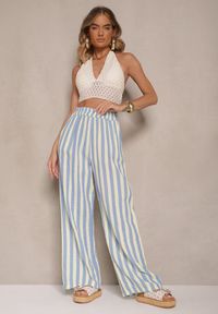 Renee - Niebiesko-Żółte Bawełniane Muślinowe Spodnie Szerokie High Waist w Paski Mavirise. Okazja: na co dzień, na spacer. Stan: podwyższony. Kolor: niebieski. Materiał: bawełna. Wzór: paski. Styl: casual, boho #5