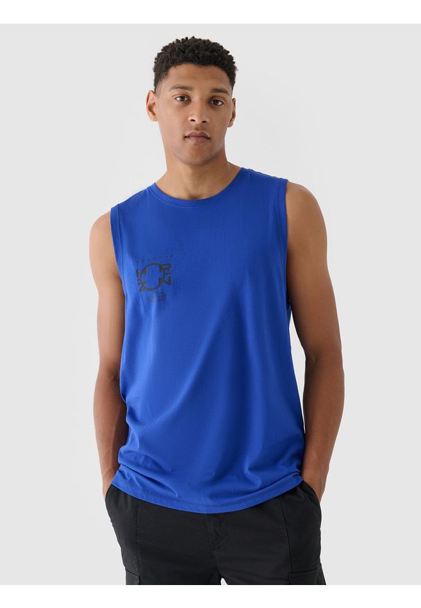 4f - 4F Tank top oversize z nadrukiem męski - kobaltowy XXL. Kolor: niebieski. Materiał: bawełna, jersey, dzianina. Długość rękawa: bez rękawów. Wzór: nadruk