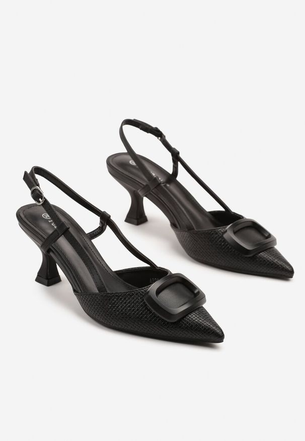 Renee - Czarne Sandały Tweedowe na Kaczuszce Slingback Ozdobione Aplikacją Rosaviela. Okazja: na co dzień, na imprezę. Zapięcie: sprzączka. Kolor: czarny. Wzór: aplikacja. Sezon: lato, wiosna. Obcas: na szpilce. Styl: elegancki, casual. Wysokość obcasa: średni