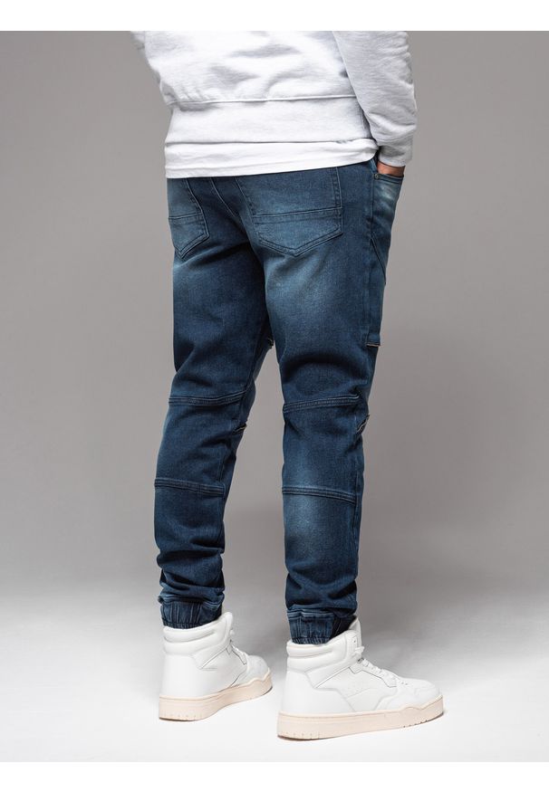 Ombre Clothing - Męskie spodnie jeansowe joggery z przetarciami i zamkami – ciemnoniebieskie V1 - Rozmiar: S. Kolor: niebieski. Materiał: jeans. Styl: retro, klasyczny, rockowy