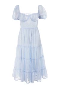 Renee - Niebieska Sukienka z Odkrytymi Plecami Nephia. Kolor: niebieski. Materiał: tkanina. Wzór: aplikacja. Sezon: wiosna, lato. Styl: wizytowy, elegancki. Długość: midi #7