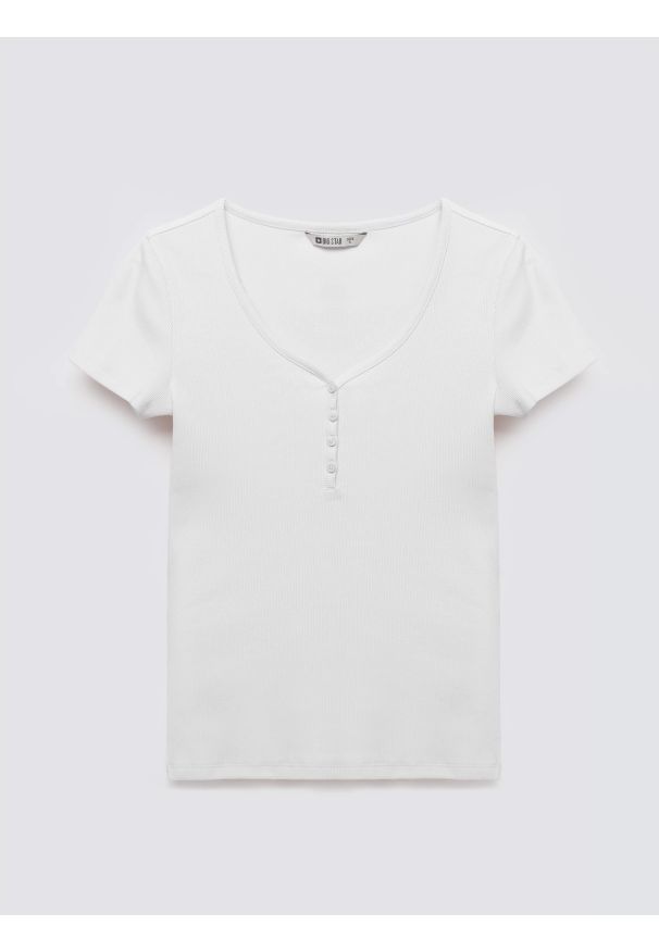 Big-Star - Koszulka damska slim w prążek biała Minsa 100. Kolor: biały. Materiał: prążkowany, dzianina, skóra. Wzór: prążki. Styl: klasyczny