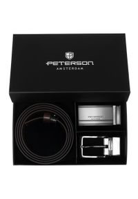 Zestaw prezentowy: dwustronny pasek skórzany w brązowym i czarnym kolorze z wymiennymi klamrami Peterson PTN KL-B006S001. Kolor: czarny, wielokolorowy, brązowy. Materiał: skóra. Styl: elegancki #1