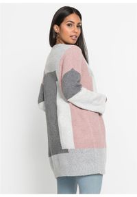 Długi sweter bez zapięcia "colorblocking" bonprix szaro-jasnoróżowy wzorzysty. Kolor: szary. Długość: długie. Wzór: aplikacja #3
