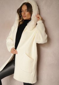Renee - Jasnobeżowy Rozpinany Płaszcz z Wiskozą Wełną i Futerkiem Xesalttia. Okazja: do pracy. Kolor: beżowy. Materiał: wiskoza, futro, wełna. Styl: elegancki #3