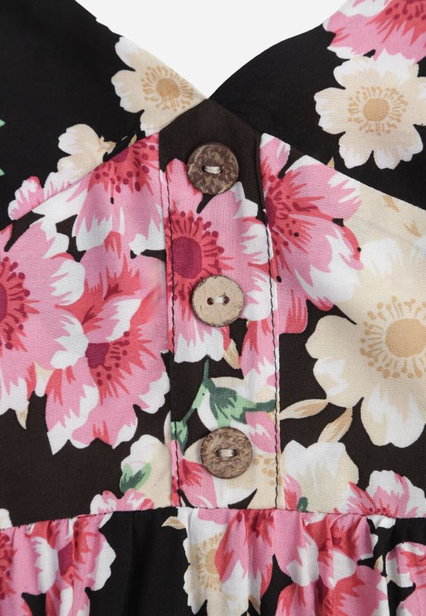 Born2be - Czarna Sukienka Damaia. Typ kołnierza: kołnierz z falbankami. Kolor: czarny. Materiał: wiskoza. Długość rękawa: na ramiączkach. Wzór: kwiaty. Długość: maxi