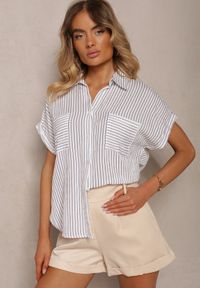 Renee - Biało-Granatowa Koszula w Paski z Krótkim Rękawem Vimorina. Okazja: na spotkanie biznesowe, na co dzień. Kolor: biały. Materiał: jeans, tkanina. Długość rękawa: krótki rękaw. Długość: krótkie. Wzór: paski. Styl: klasyczny, casual, elegancki, biznesowy