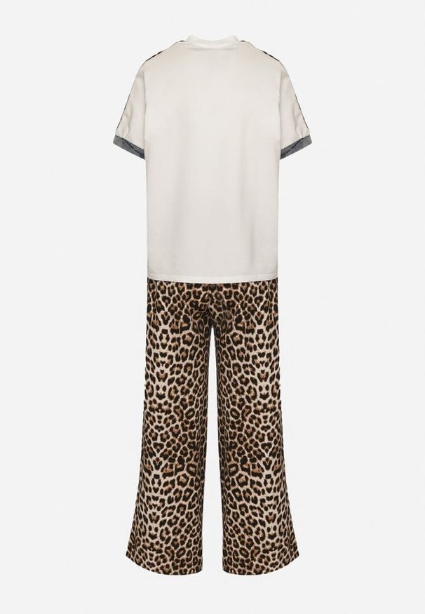 Born2be - Biały Bawełniany Komplet Dresowy Bluzka i Spodnie z Panterką i Lampasami Nortebis. Kolor: biały. Materiał: bawełna, dresówka. Wzór: motyw zwierzęcy