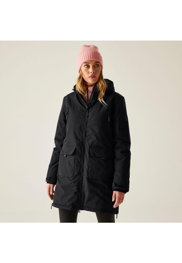 Regatta - Płaszcz damski zimowy ocieplany przeciwdeszczowy Gwynn. Kolor: czarny. Materiał: puch, materiał. Długość: długie. Sezon: zima. Sport: turystyka piesza