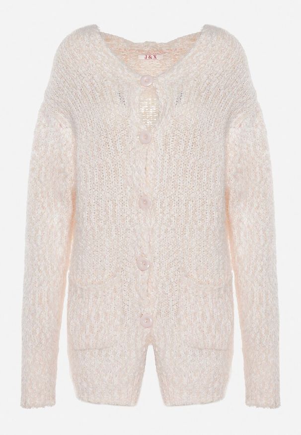 Born2be - Jasnoróżowy Kardigan z Kapturem Ozdobiony Guzikami i Kieszeniami Martinelle. Okazja: na co dzień. Typ kołnierza: kaptur. Kolor: beżowy. Materiał: jeans. Wzór: aplikacja. Styl: elegancki, casual, klasyczny