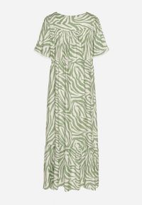 Born2be - Jasnozielona Sukienka z Bawełny i Wiskozy w Abstrakcyjne Paski ze Sznurkiem w Talii Navarae. Okazja: na co dzień. Kolor: zielony. Materiał: bawełna, wiskoza. Wzór: paski. Typ sukienki: proste. Styl: wizytowy, casual #2