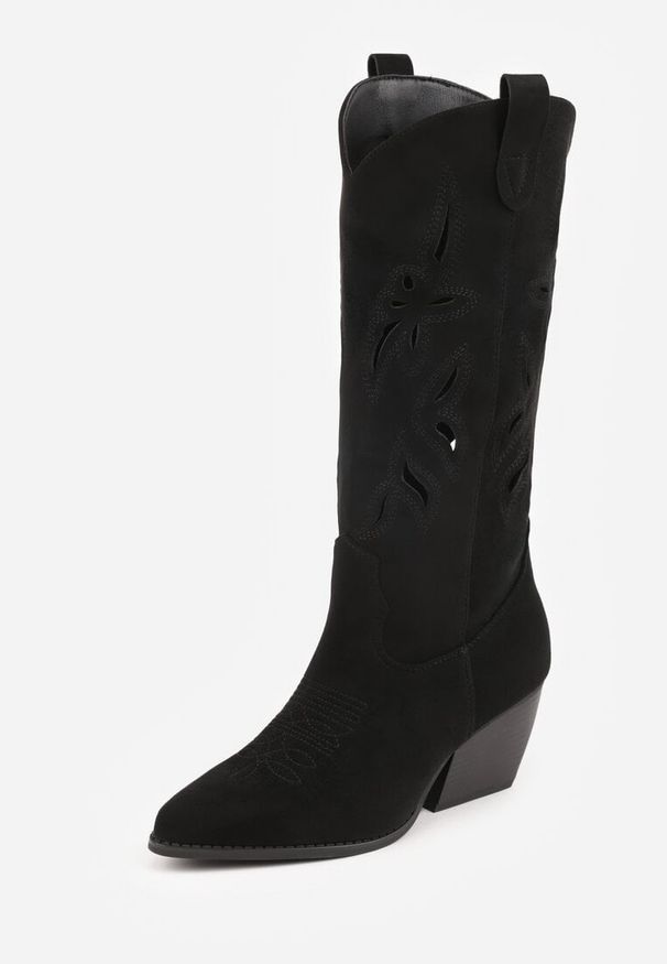 Renee - Czarne Ażurowe Kozaki Kowbojki na Obcasie typu Stożek Tidrina. Kolor: czarny. Materiał: zamsz. Wzór: ażurowy. Obcas: na obcasie. Styl: elegancki. Wysokość obcasa: średni